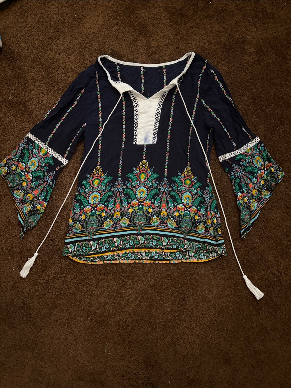 Boho Navy Floral-Trim Peasant Tunic with Tassel Ties